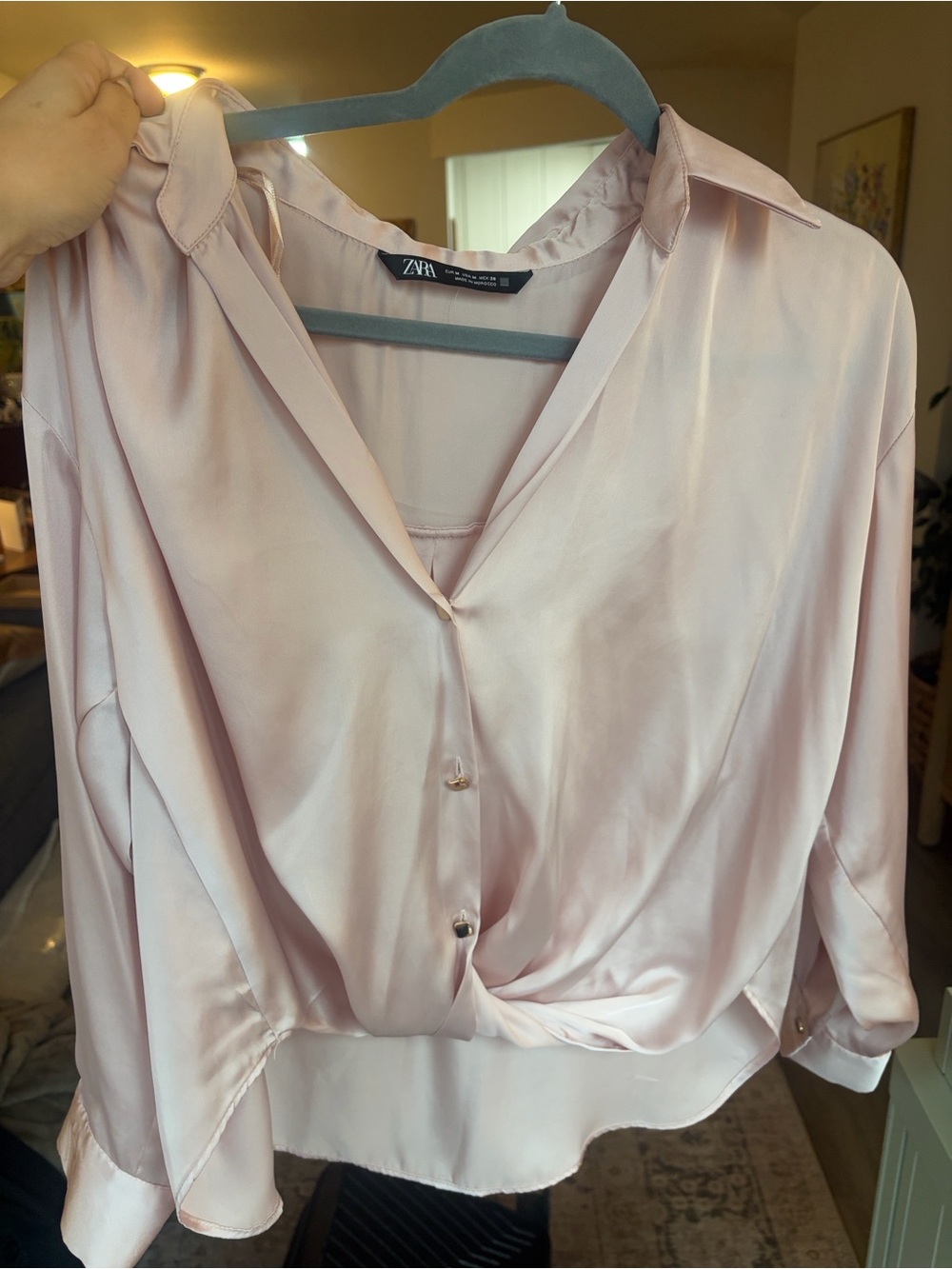 Zara Pale Blush Satin Button-Down Shirt